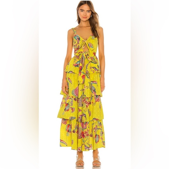 Banjanan X Revolve Aster  Maxi Dress in Birdie Print Buttercup Sz L - Picture 1 of 10